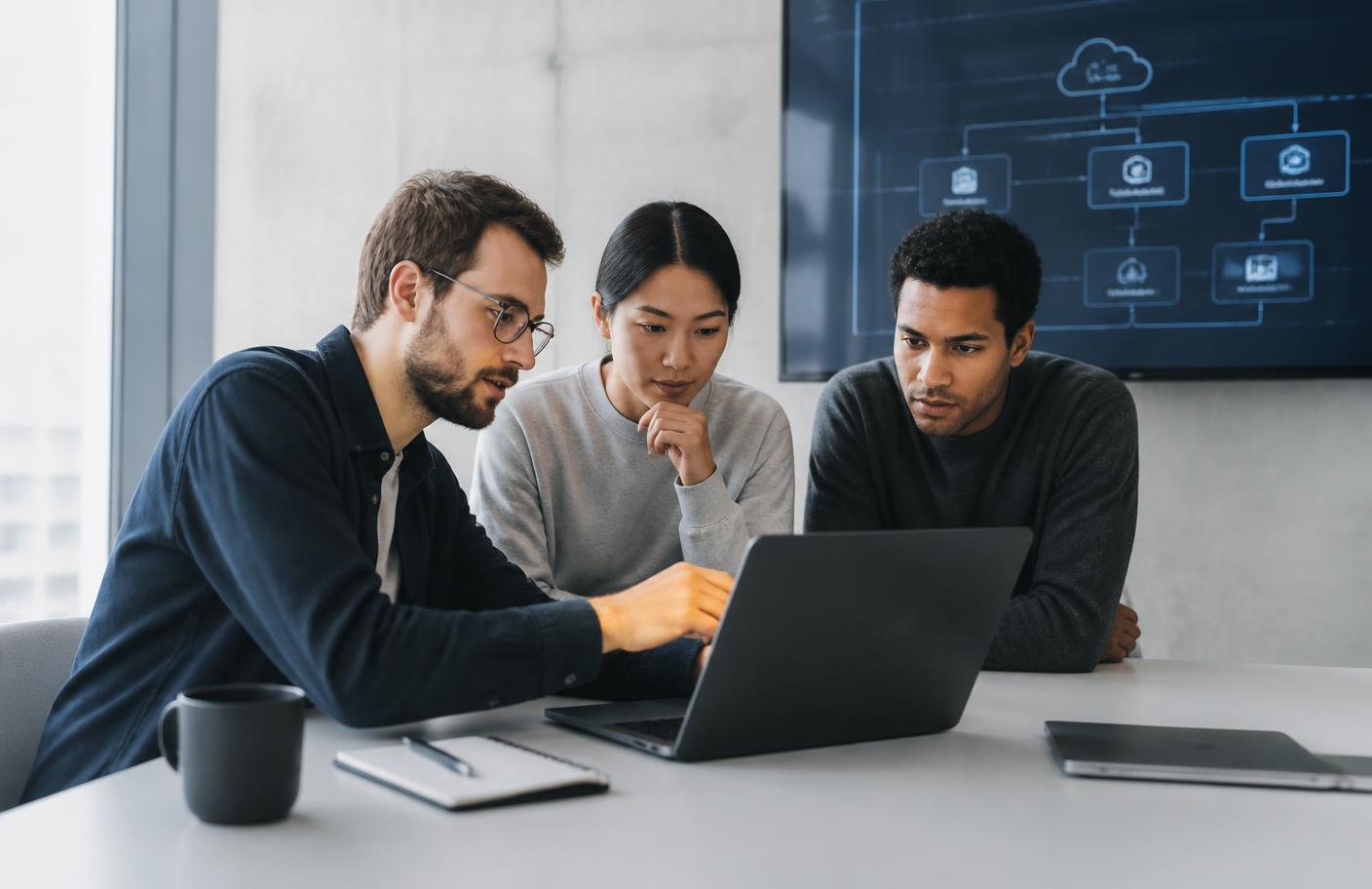 Three engineers reviewing infrastructure configuration together on a laptop in a bright meeting room
