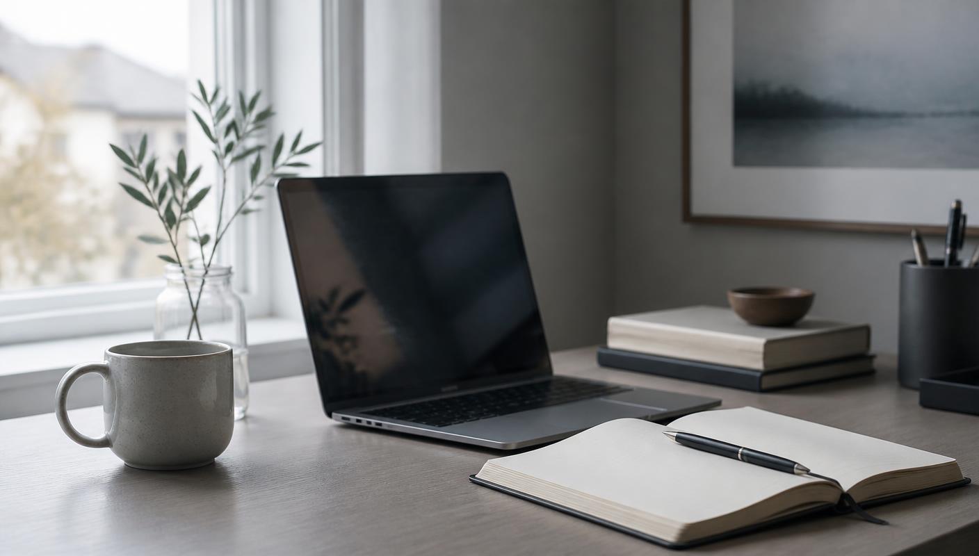 Quiet desk with an open laptop and notebook by a window, used for written technical correspondence